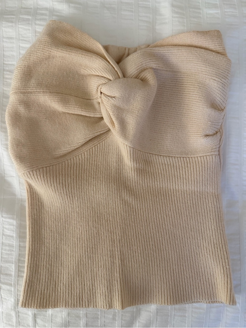 Strapless Knitted Twist Front Top in Light Beige
